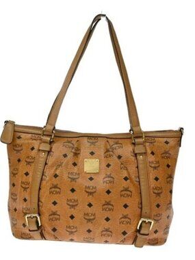 MCM Logo Visetos Pattern Shoulder Tote Bag Leather Brown Cognac GHW 66YJ311